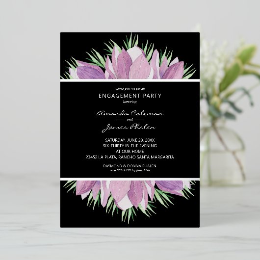 Paarse Floral Waterverf Engagement Party Folie Uitnodiging (Staand Voorkant)