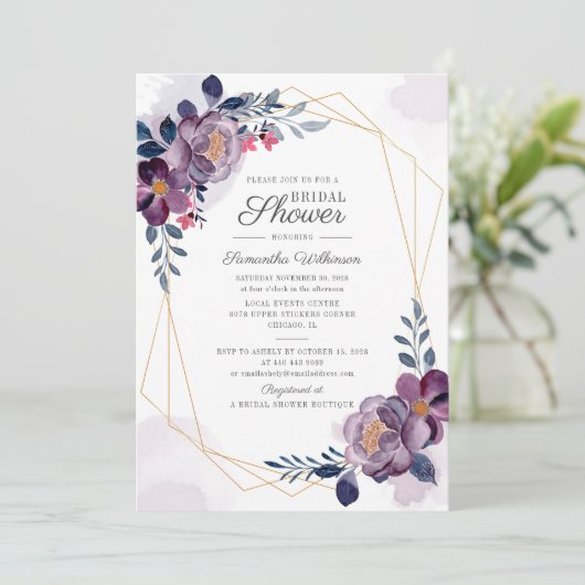 Paarse Floral Waterverf Geometrisch Vrijgezellenfe Kaart (Staand voorkant)