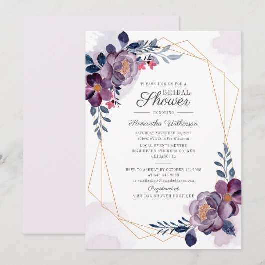 Paarse Floral Waterverf Geometrisch Vrijgezellenfe Kaart (Voorkant / Achterkant)