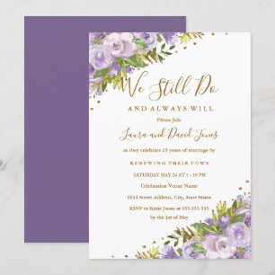 Paarse Floral Waterverf Gold Vow Renewal Kaart