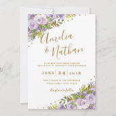 Paarse Floral Waterverf Gold Wedding Kaart (Voorkant)