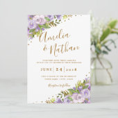 Paarse Floral Waterverf Gold Wedding Kaart (Staand voorkant)