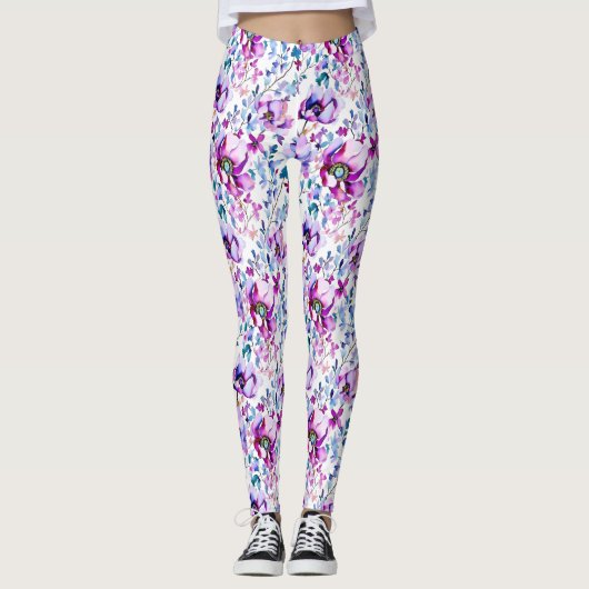 Paarse Floral Waterverf Leggings (Voorkant)