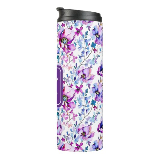 Paarse Floral Waterverf Monogrammen Thermosbeker (Geroteerd rechts)