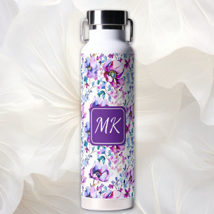Paarse Floral Waterverf Monogrammen Waterfles