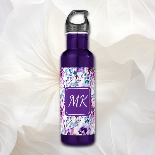 Paarse Floral Waterverf Monogrammen Waterfles