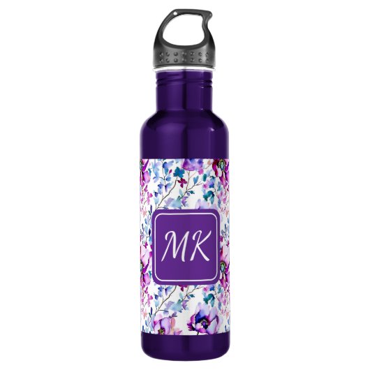 Paarse Floral Waterverf Monogrammen Waterfles (Voorkant)