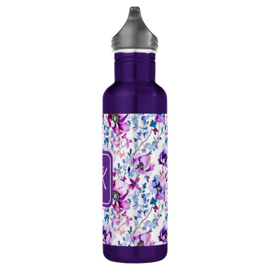Paarse Floral Waterverf Monogrammen Waterfles (Rechts)