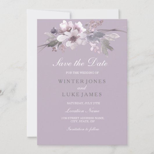Paarse Floral Waterverf sparen de Datum Uitnodigin Save The Date (Voorkant)