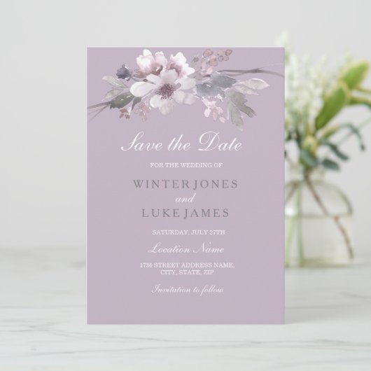 Paarse Floral Waterverf sparen de Datum Uitnodigin Save The Date (Staand voorkant)