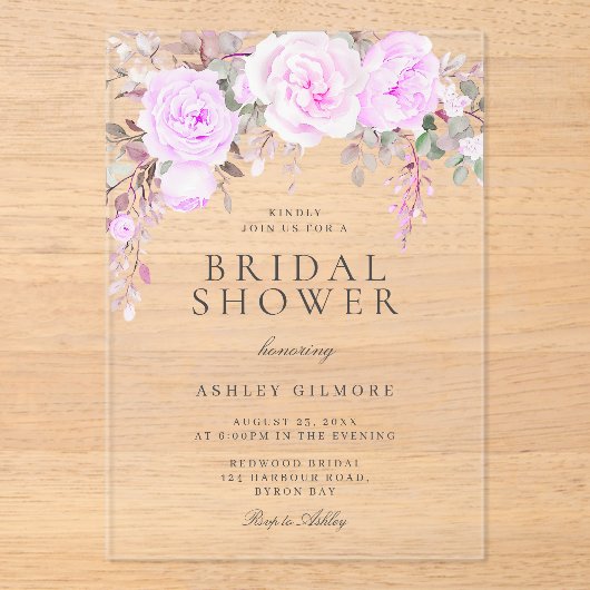 Paarse Floral Waterverf Vrijgezellenfeest Acryl Uitnodigingen (Voorkant)