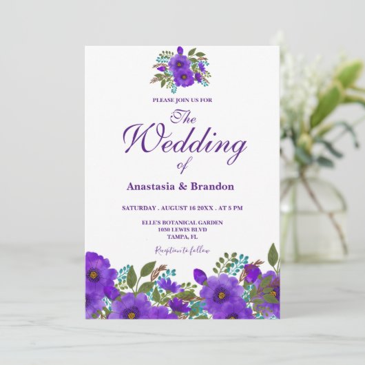 Paarse Floral Waterverf | Weddenschap Kaart (Staand voorkant)