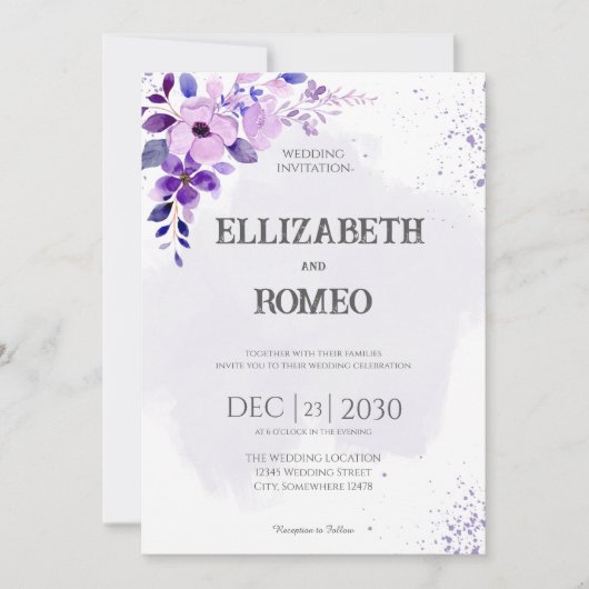 Paarse Floral Waterverf Weddenschap Kaart (Voorkant)
