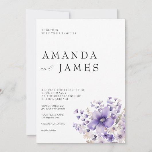 Paarse Floral Waterverf Wedding Kaart (Voorkant)