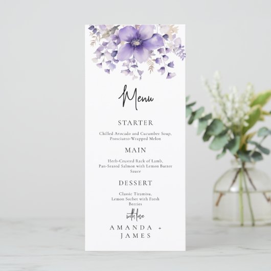Paarse Floral Waterverf Wedding Menu (Staand voorkant)