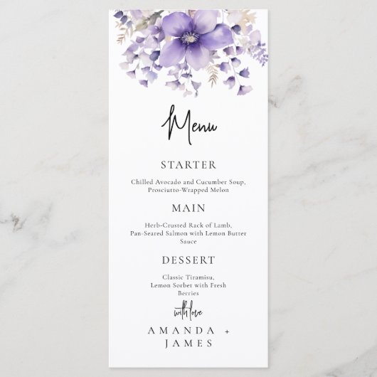 Paarse Floral Waterverf Wedding Menu (Voorkant)
