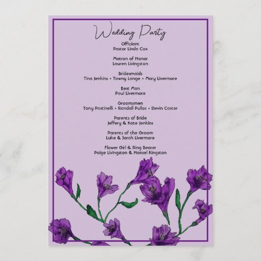 Paarse Floral Waterverf Wedding Programmakaart (Achterkant)