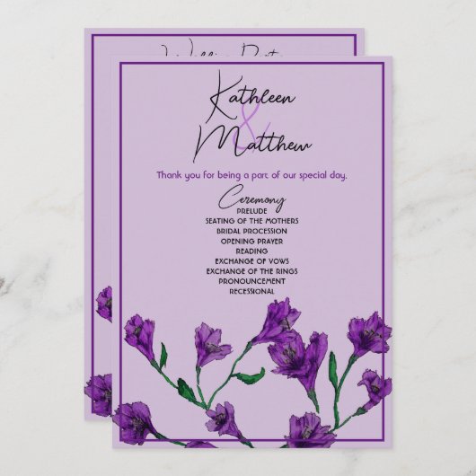 Paarse Floral Waterverf Wedding Programmakaart (Voorkant / Achterkant)