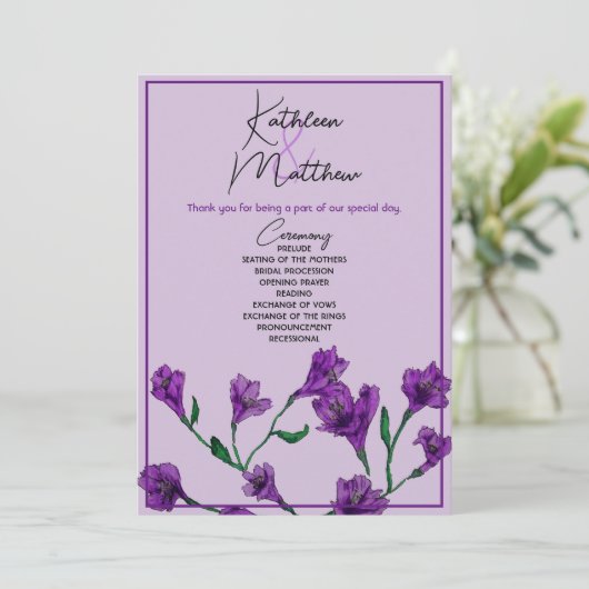 Paarse Floral Waterverf Wedding Programmakaart (Staand voorkant)