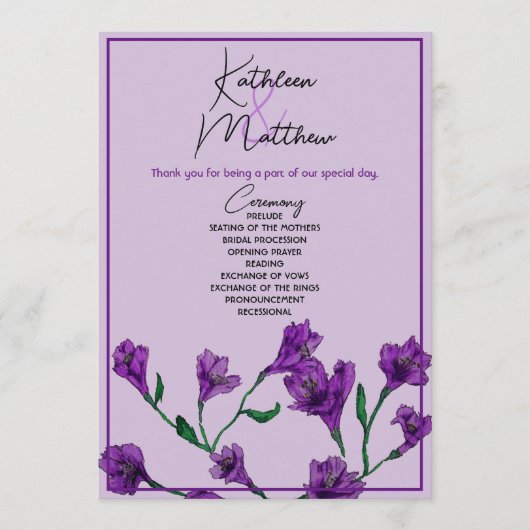 Paarse Floral Waterverf Wedding Programmakaart (Voorkant)