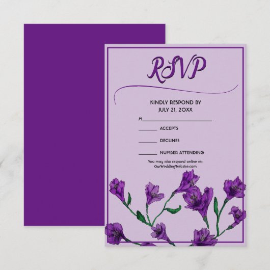 Paarse Floral Waterverf Wedding RSVP Kaartje (Voorkant / Achterkant)