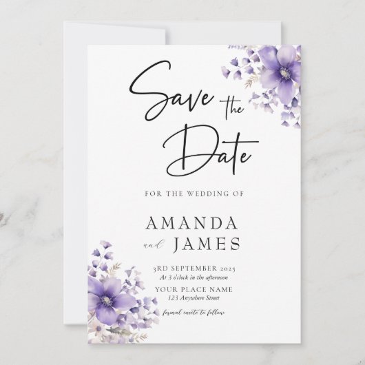 Paarse Floral Waterverf Wedding Save The Date (Voorkant)