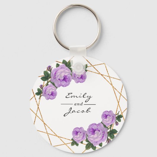 Paarse Floral Wed Elegant Gold Glitter Geometric Sleutelhanger (Voorkant)