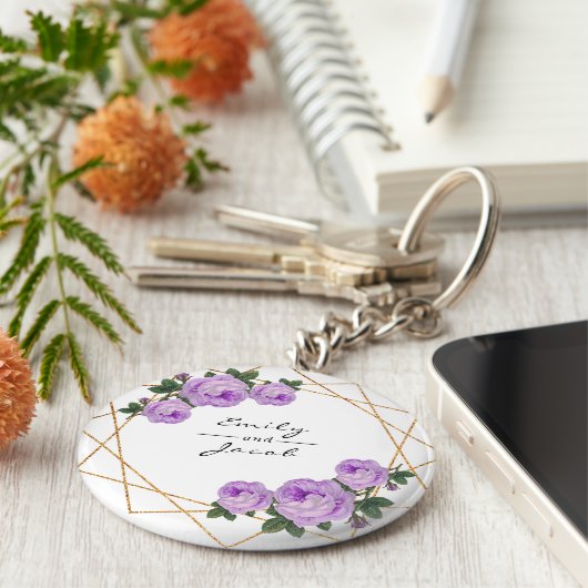 Paarse Floral Wed Elegant Gold Glitter Geometric Sleutelhanger (Zijkant)