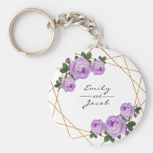 Paarse Floral Wed Elegant Gold Glitter Geometric Sleutelhanger (Voorkant)