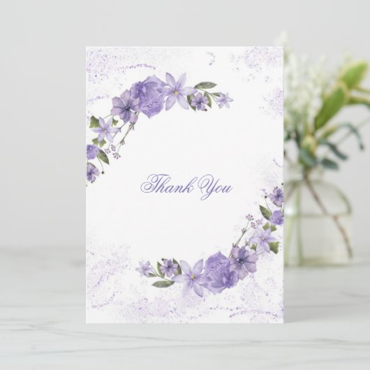 Paarse Floral Wedding Bedankkaart (Staand voorkant)