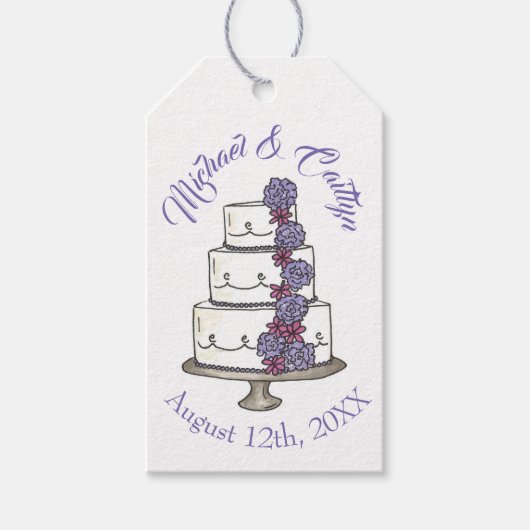 Paarse Floral Wedding Cake Vrijgezellenfeest Favor Cadeaulabel (Voorkant)