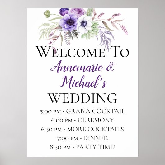 Paarse Floral Wedding Ceremony Details Welkom Poster (Voorkant)