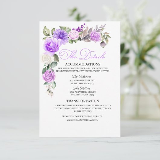 Paarse Floral Wedding Details Enclosure Card Informatiekaartje (Staand voorkant)
