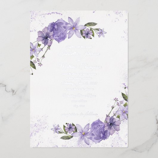 Paarse Floral Wedding Folie Uitnodiging (Voorkant)