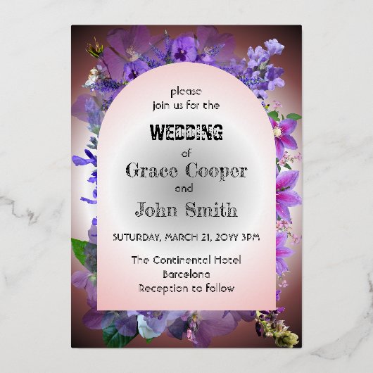 Paarse Floral Wedding Folie Uitnodiging (Voorkant)