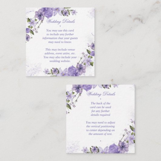 Paarse Floral Wedding Informatiekaartje (Voorkant / Achterkant)