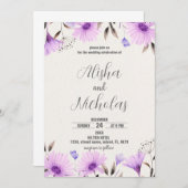 Paarse Floral Wedding Invitations Kaart (Voorkant / Achterkant)