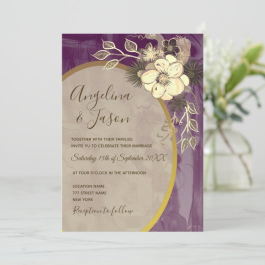 Paarse Floral Wedding Kaart (Staand voorkant)