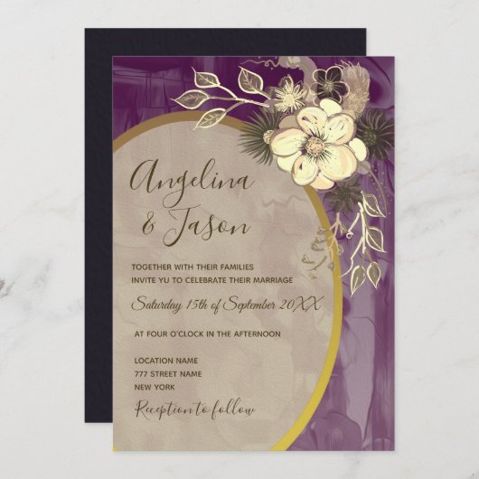 Paarse Floral Wedding Kaart (Voorkant / Achterkant)