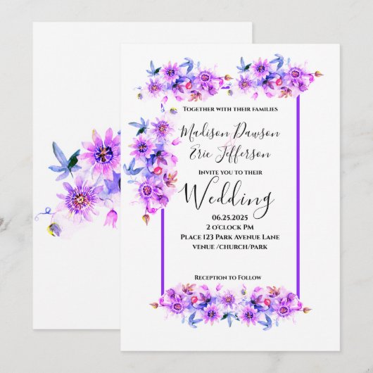 Paarse Floral Wedding Kaart (Voorkant / Achterkant)