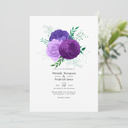 Paarse Floral Wedding Kaart (Staand voorkant)