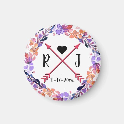 Paarse Floral Wedding Monogram Wreatdesign Magneet (Voorkant)