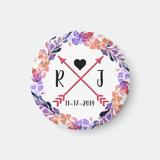Paarse Floral Wedding Monogram Wreatdesign Magneet (Voorkant)