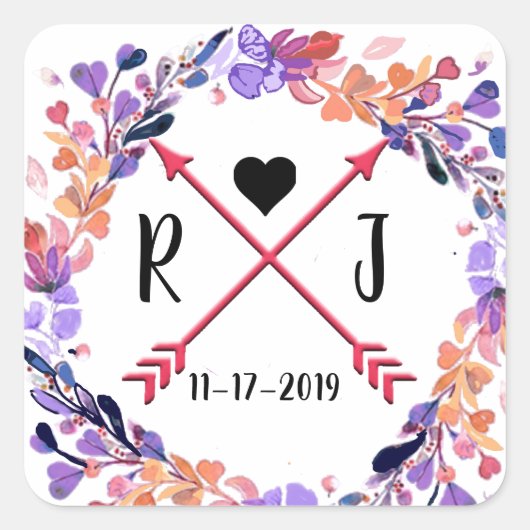 Paarse Floral Wedding Monogram Wreatdesign Vierkante Sticker (Voorkant)