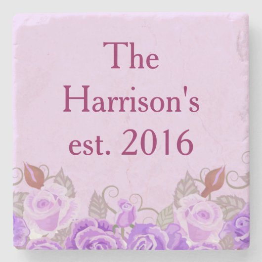  Paarse Floral Wedding Name Stenen Onderzetter (Voorkant)