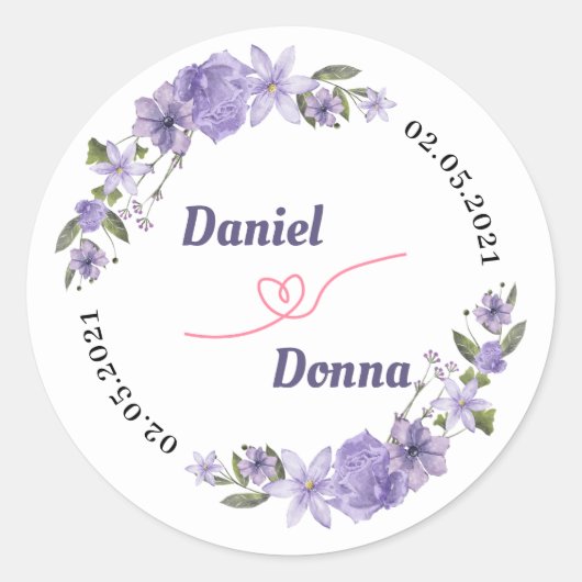 Paarse Floral Wedding Ronde Sticker (Voorkant)