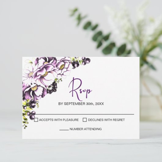 Paarse Floral Wedding RSVP (Staand voorkant)