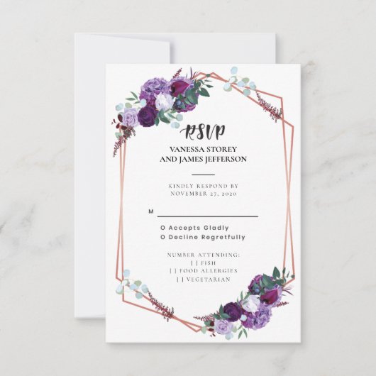 Paarse Floral Wedding RSVP Kaart (Voorkant)
