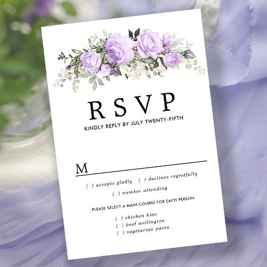 Paarse Floral Wedding RSVP Kaart, maaltijdopties