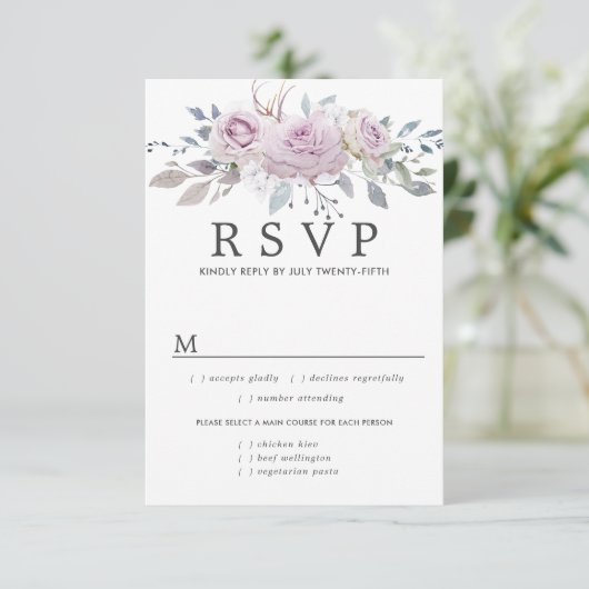 Paarse Floral Wedding RSVP Kaart, maaltijdopties (Staand voorkant)